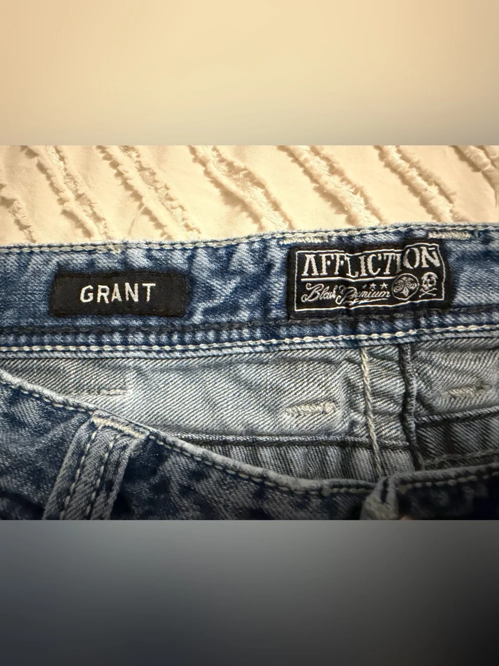 Affliction Light Blue Denim Jeans with Embroidered Cross Pockets